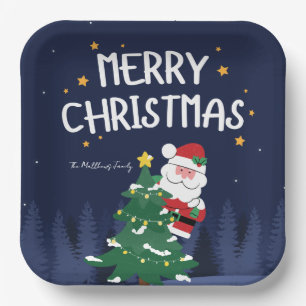 Assiettes En Carton Noël bleu marine et Père Noël