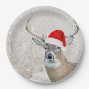 Assiettes En Carton Noël Buck Deer avec le chapeau du Père Noël