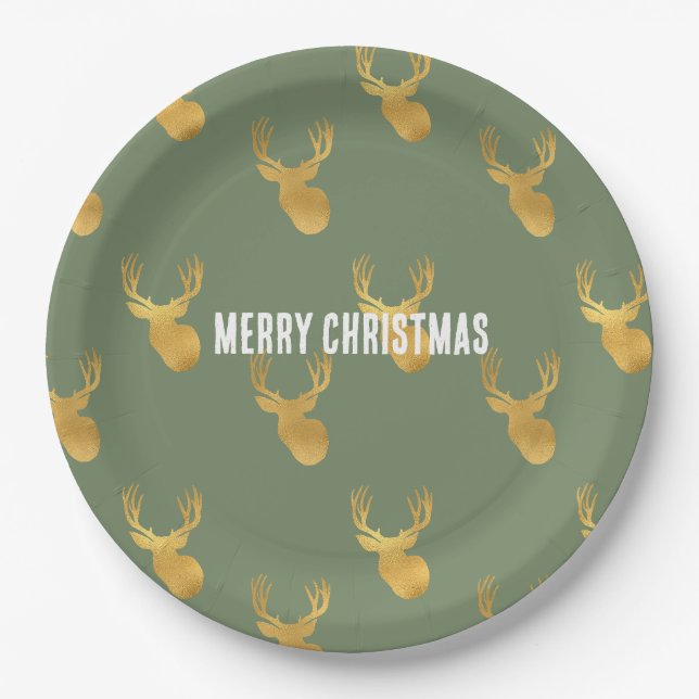 Assiettes En Carton Noël Cerf Or Vert Olive Rustique (Devant)
