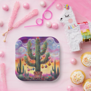 Assiettes En Carton Noël dans le désert Sud-Ouest Saguaro Cactus