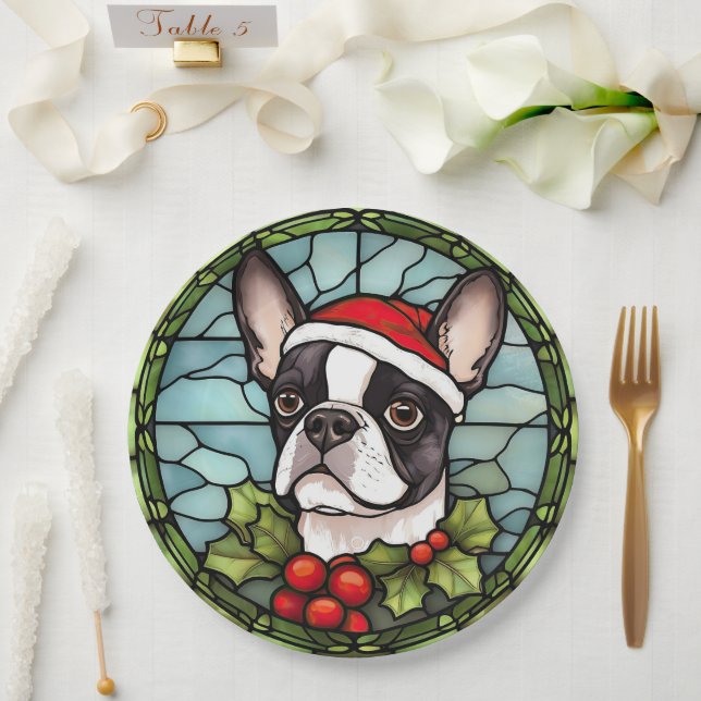 Assiettes En Carton Noël de Boston Terrier en verre teint (Mariage)