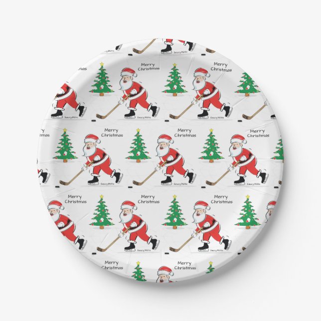 Assiettes En Carton Noël de Hockey Père Noël (Devant)