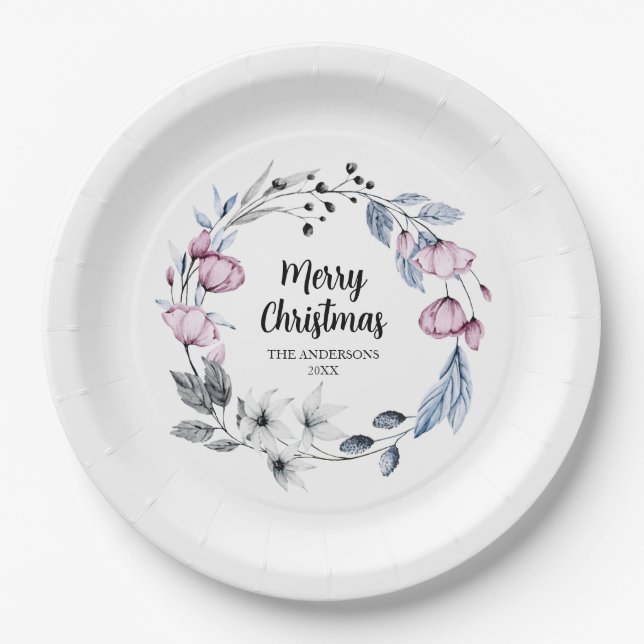 Assiettes En Carton Noël de la couronne de fleurs roses (Devant)