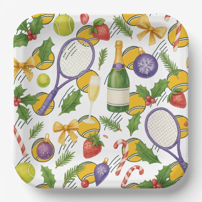 Assiettes En Carton Noël de tennis avec balle et raquette (Recto)