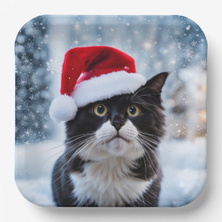 Assiettes En Carton Noël du chat noir et blanc
