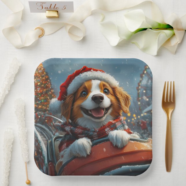 Assiettes En Carton Noël du chien espagnol breton (Mariage)