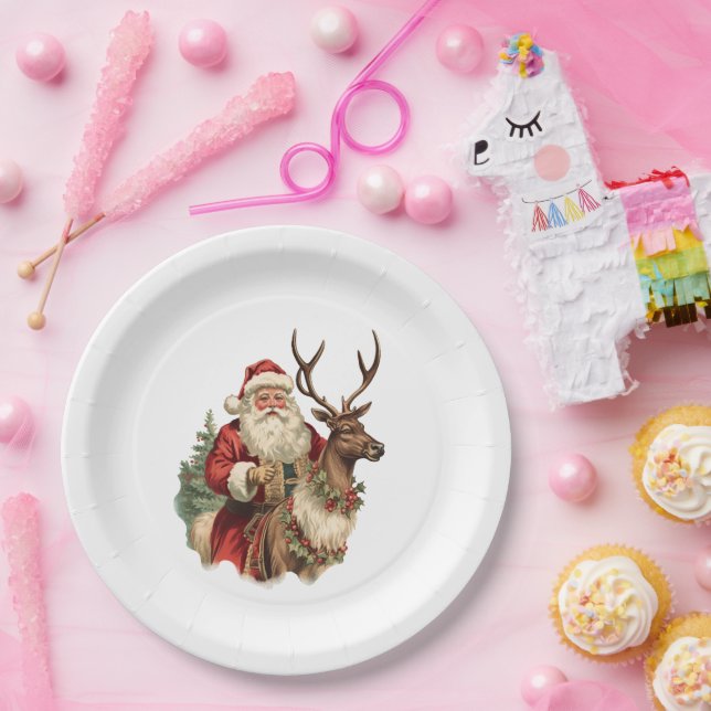 Assiettes En Carton Noël du Père Noël rétro et du renne (Fête)