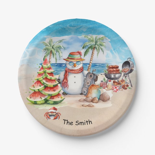 Assiettes En Carton Noël en juillet à la plage (Devant)