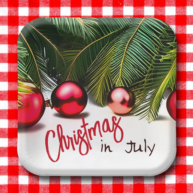 Assiettes En Carton Noël En Juillet Fête D'Été De Palmiers Tropicaux (Christmas in July tropical outdoor party plates with palm trees and red ornaments)