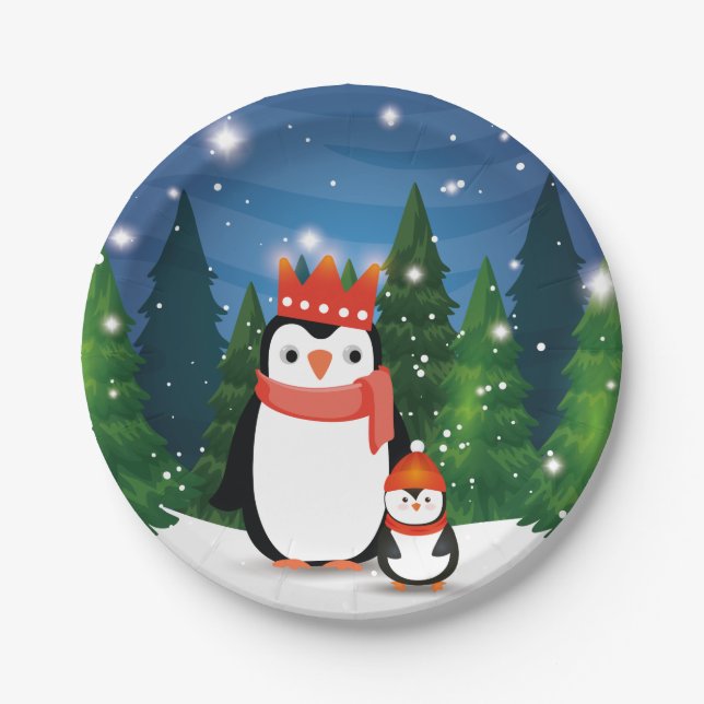 Assiettes En Carton Noël Festif d'hiver Famille Pingouin fête (Devant)