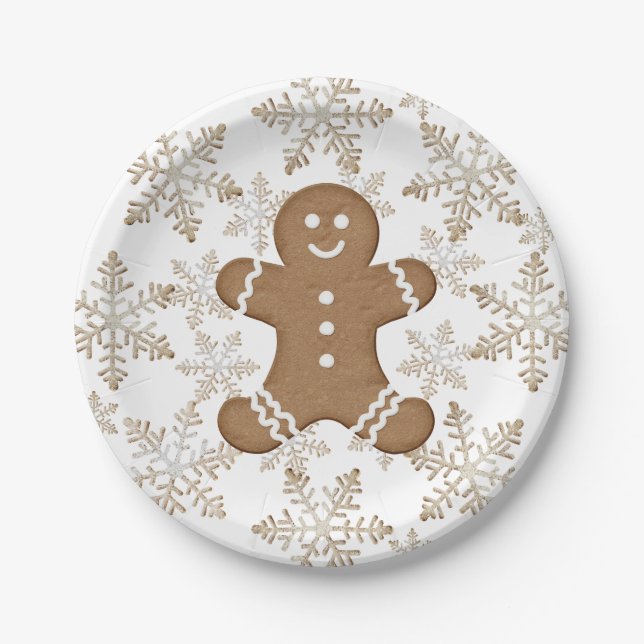 Assiettes En Carton Noël Gingerbread Homme et Snowflakes (Devant)