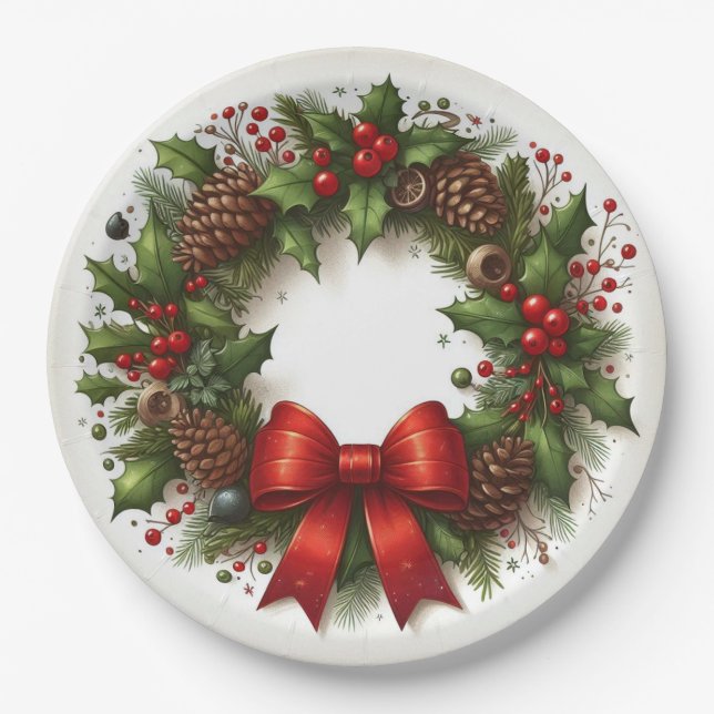 Assiettes En Carton Noël Holly, Berries, Pinecones et Red Bow (Devant)