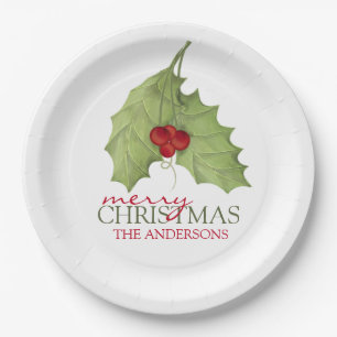 Assiettes En Carton Noël Holly Botanical Green Holiday
