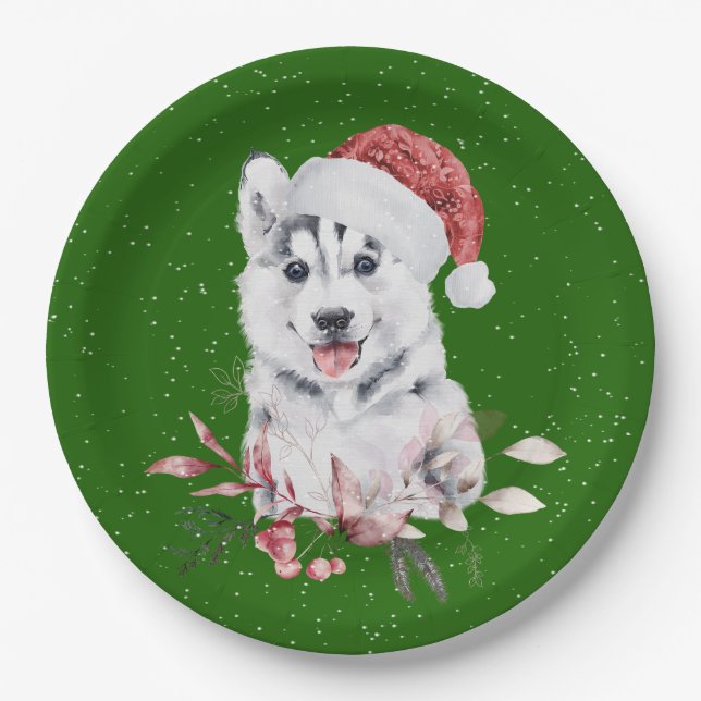 Assiettes En Carton Noël Husky sur vert (Devant)