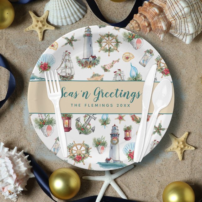Assiettes En Carton Noël Mer nautique Salutations Personnalisées (Créateur téléchargé)