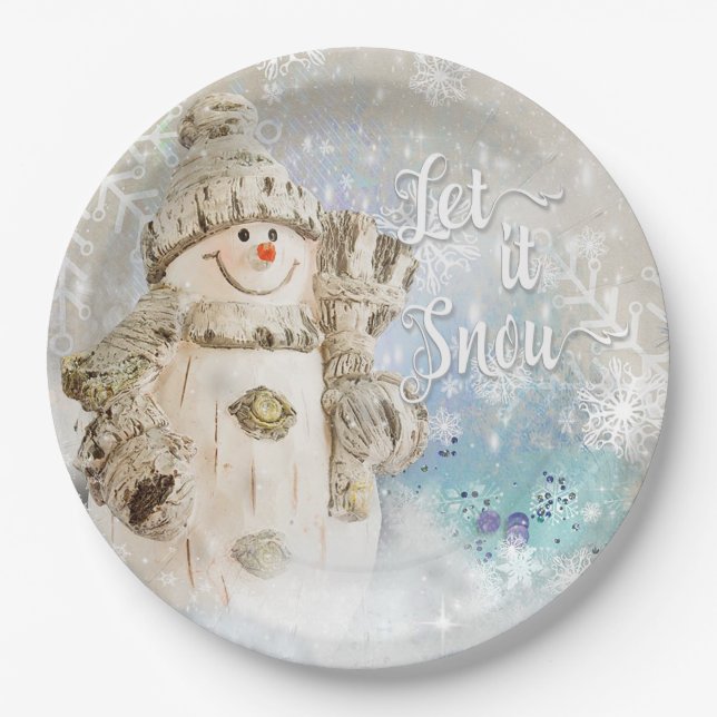 Assiettes En Carton Noël mignon Snowman avec des flocons de neige (Devant)