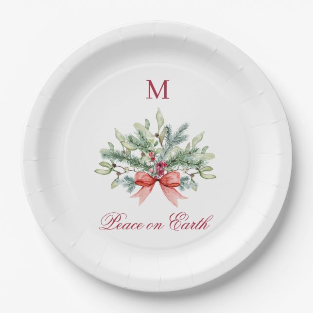 Assiettes En Carton Noël Paix sur Terre Rouge Monogramme Vert (Devant)