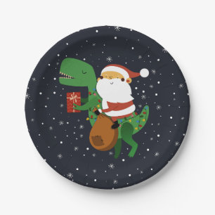 Assiettes En Carton Noël Père Noël T-rex Dinosaur Sleigh