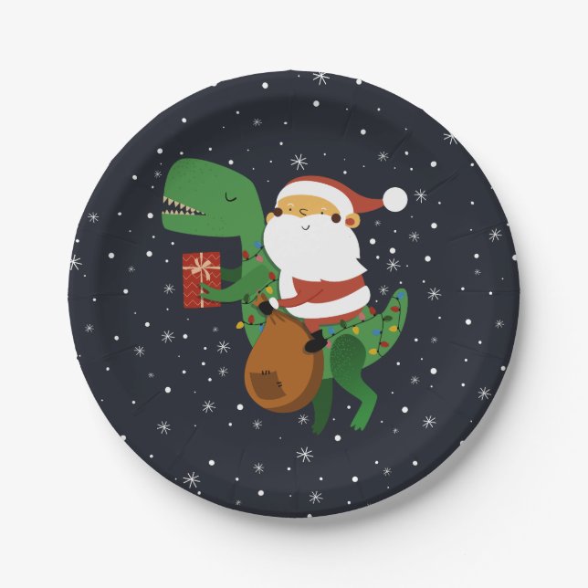 Assiettes En Carton Noël Père Noël T-rex Dinosaur Sleigh (Devant)