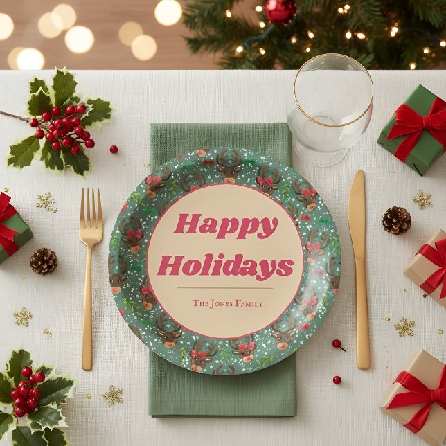 Assiettes En Carton Noël Reindeer Forest vert   (Créateur téléchargé)