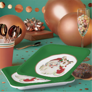 Assiettes En Carton Noël rétro Père Noël et cerfs 