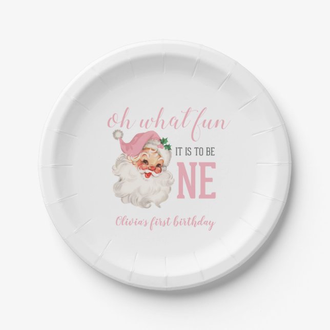 Assiettes En Carton Noël rose Père Noël premier anniversaire (Devant)