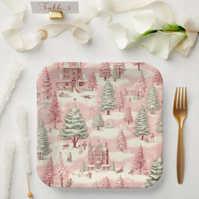 Assiettes En Carton Noël rose vintage (Mariage)