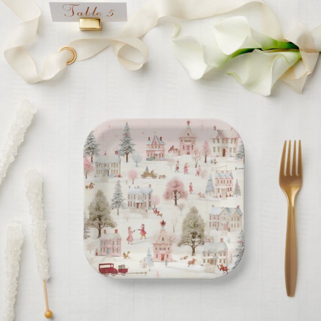 Assiettes En Carton Noël rose vintage (Mariage)