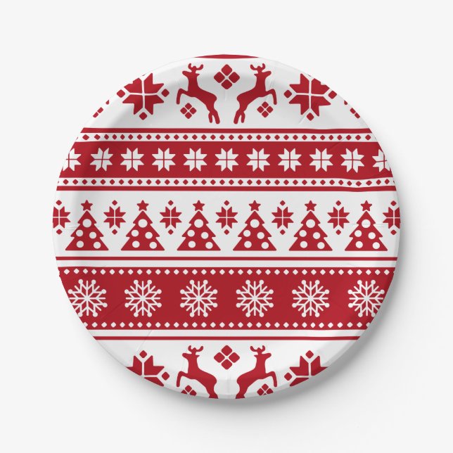 Assiettes En Carton Noël Rouge et blanc Cerfs et Motif des arbres (Devant)