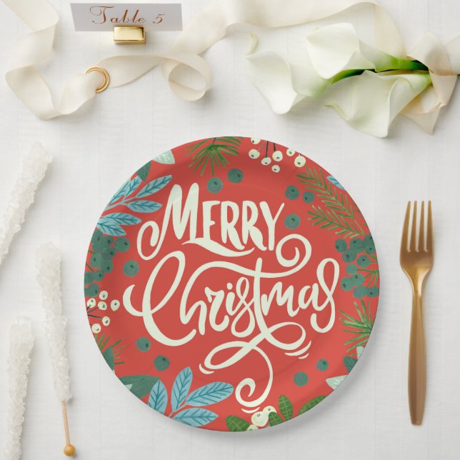 Assiettes En Carton Noël rouge floral (Mariage)