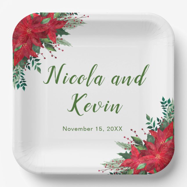 Assiettes En Carton Noël Rouge Poinsettia Fleurs Mariage (Recto)