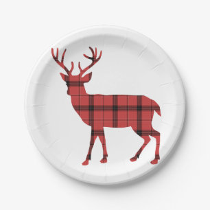 Assiettes En Carton Noël Vacances Cerf Rouge Tartan Motif