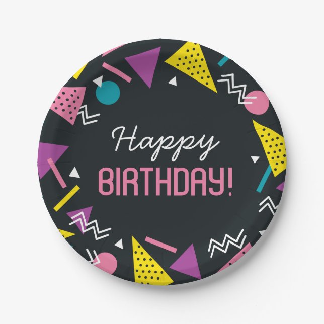 Assiettes En Carton Noir 80s Motif Plaque papier d'anniversaire (Devant)