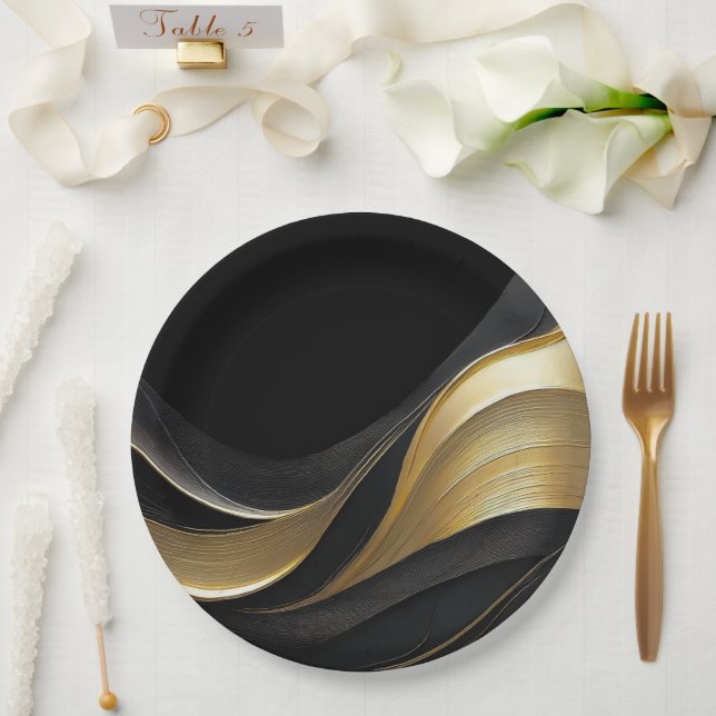 Assiettes En Carton Noir Abstrait moderne et or (Mariage)