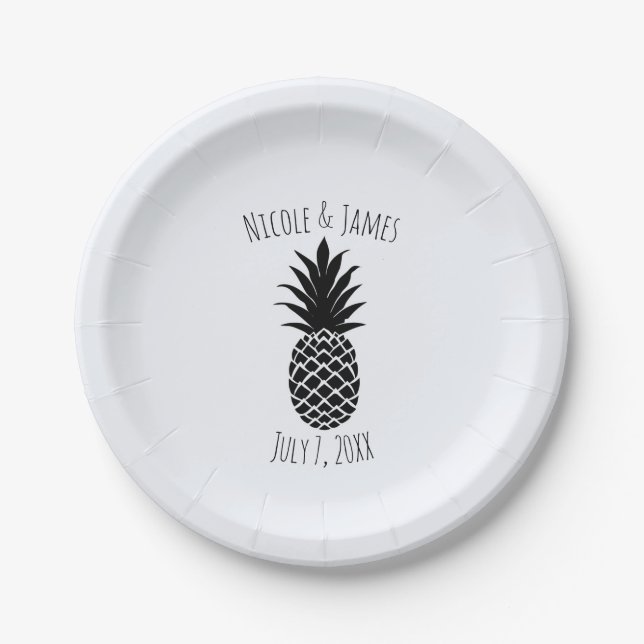 Assiettes En Carton Noir & Blanc Aiguille Tropicale Élégant Chic (Devant)