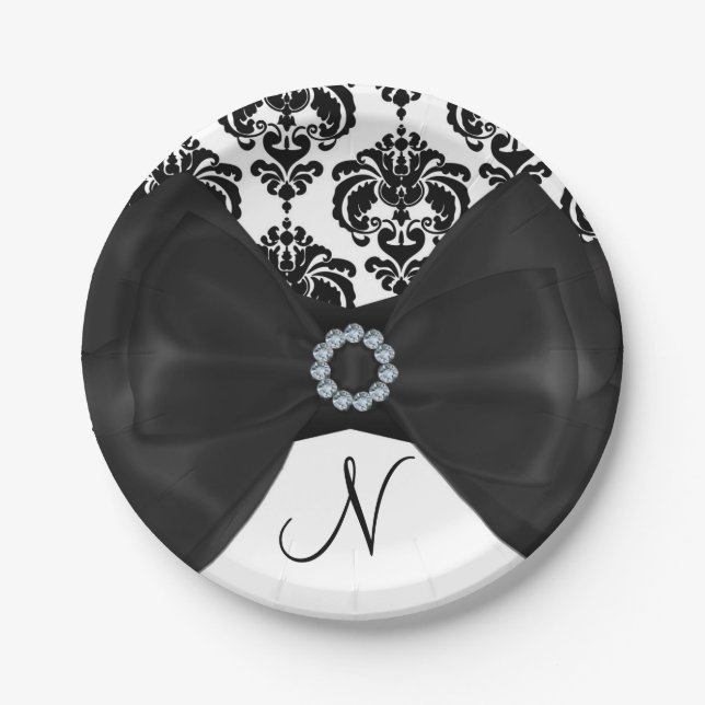 Assiettes En Carton Noir & blanc Damask Boule de boule Glam Sweet 16 P (Devant)
