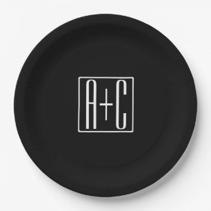 Assiettes En Carton Noir & Blanc   Initiales de couple