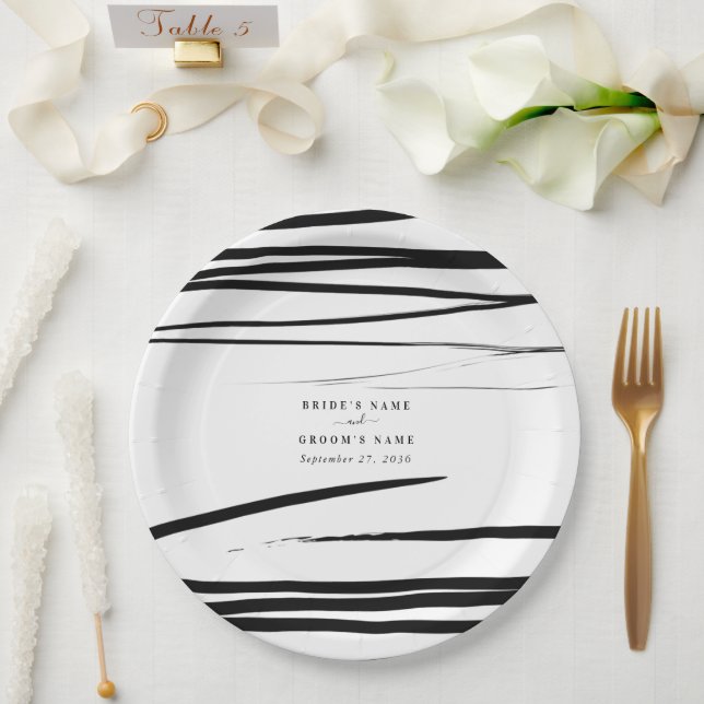 Assiettes En Carton Noir blanc moderne Abstrait mariage Faveur (Mariage)