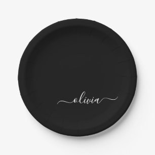 Assiettes En Carton Noir Blanc Moderne Minimaliste Élégant Monogramme