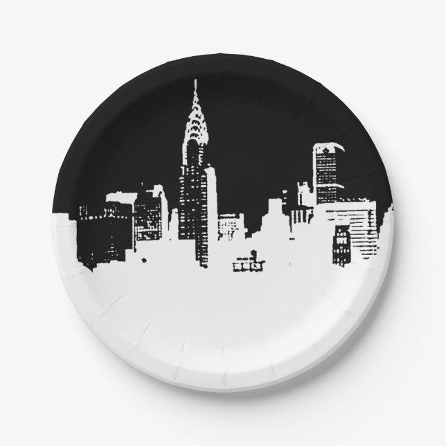 Assiettes En Carton Noir Blanc New York Skyline Pop Art (Devant)
