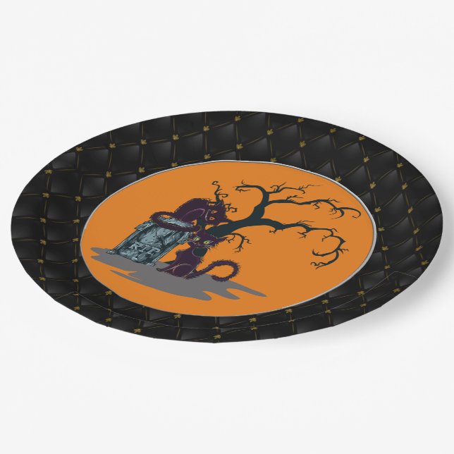 Assiettes En Carton Noir Boarder Chats Noirs Tombstone Tree Halloween (Angle)
