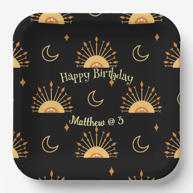 Assiettes En Carton Noir Boho Celestial Motif sans fil Anniversaire (Recto)