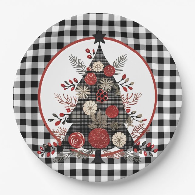 Assiettes En Carton Noir Buffalo Plaid Noël (Devant)