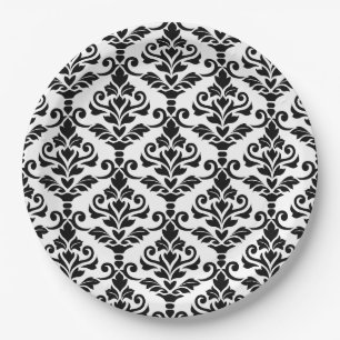 Assiettes En Carton Noir de motif de damassé de Cresta sur le blanc