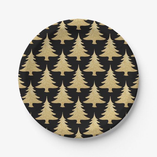 Assiettes En Carton noir élégant de motif d'arbre de Noël de parties (Devant)