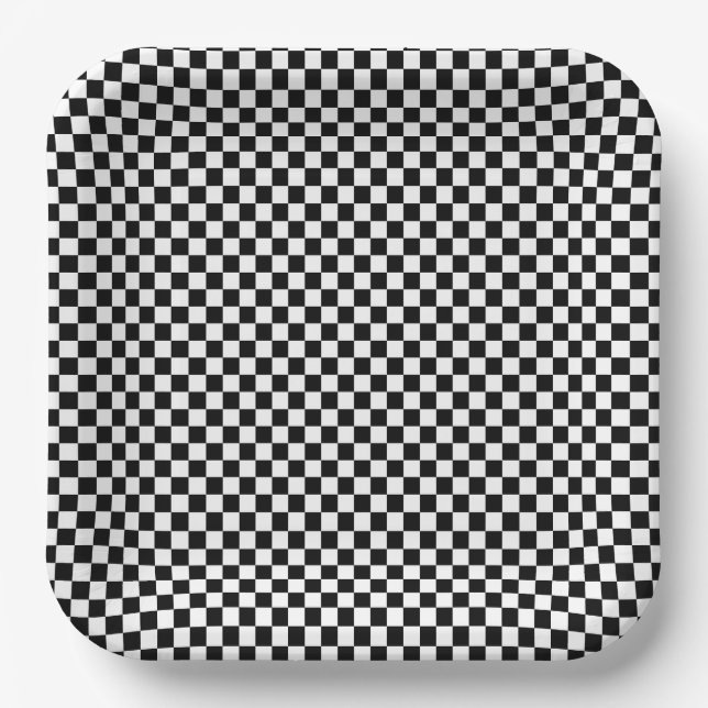 Assiettes En Carton noir et blanc - damier rétro (Recto)