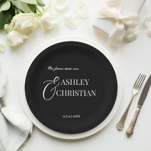 Assiettes En Carton Noir et blanc élégant monogramme simple imprimé