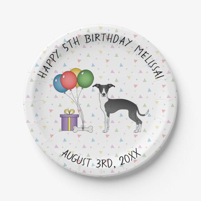 Assiettes En Carton Noir et Blanc Italien Greyhound Chien Anniversaire (Devant)