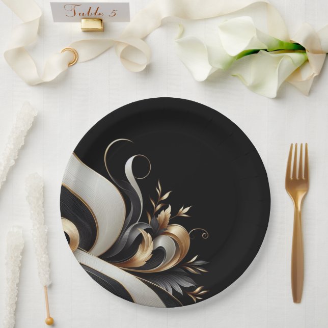 Assiettes En Carton Noir et or élégant moderne (Mariage)