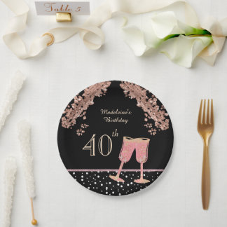 Assiettes En Carton Noir et Or Rose Anniversaire 40 ans Rond